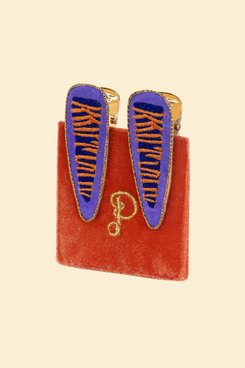POWDER EMBROIDERED HAIR CLIPS - LILAC TIGER