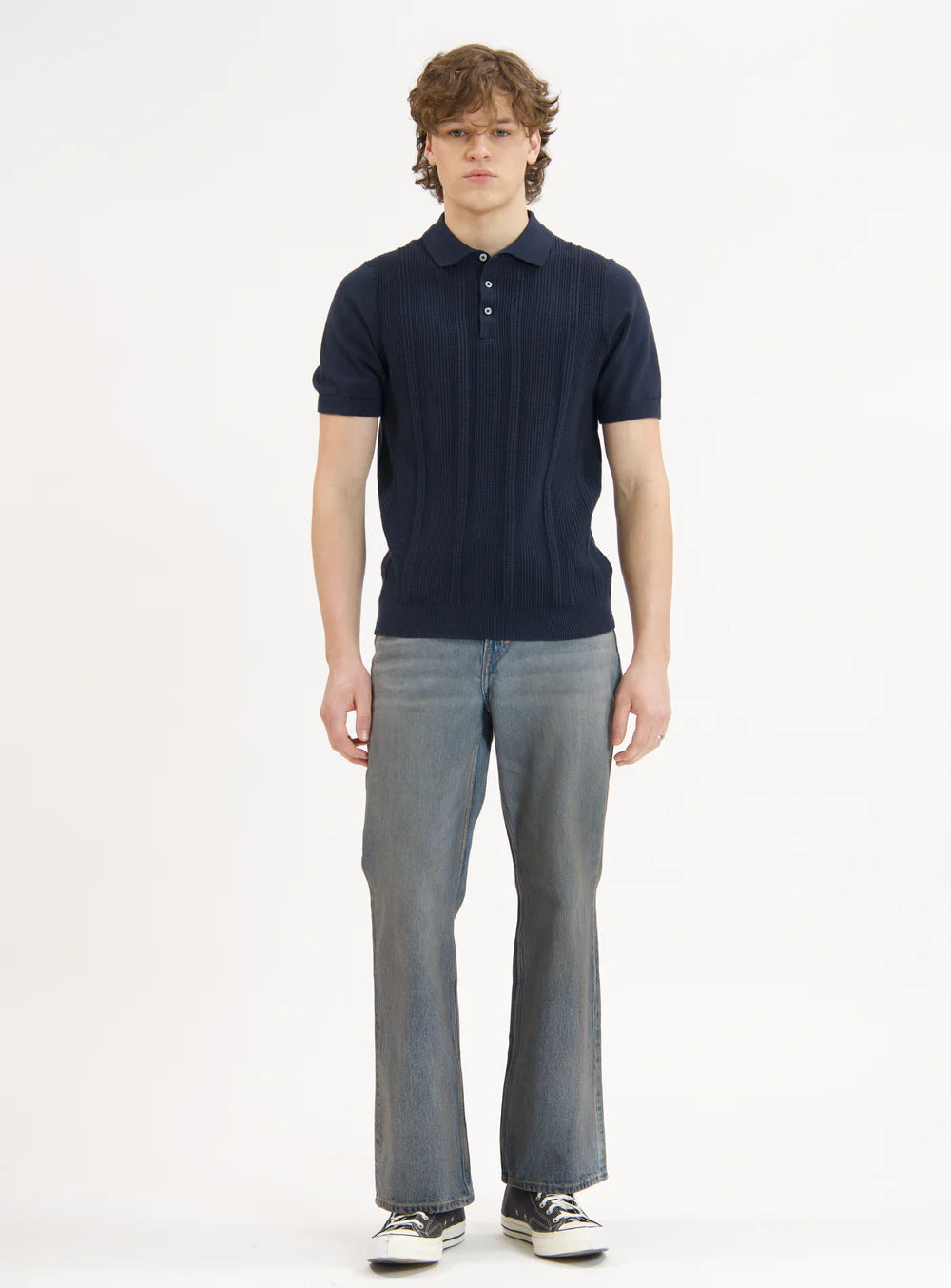 ELIO - COTTON POLO BUTTONED WITH FRONT TEXTURE "NAVY"