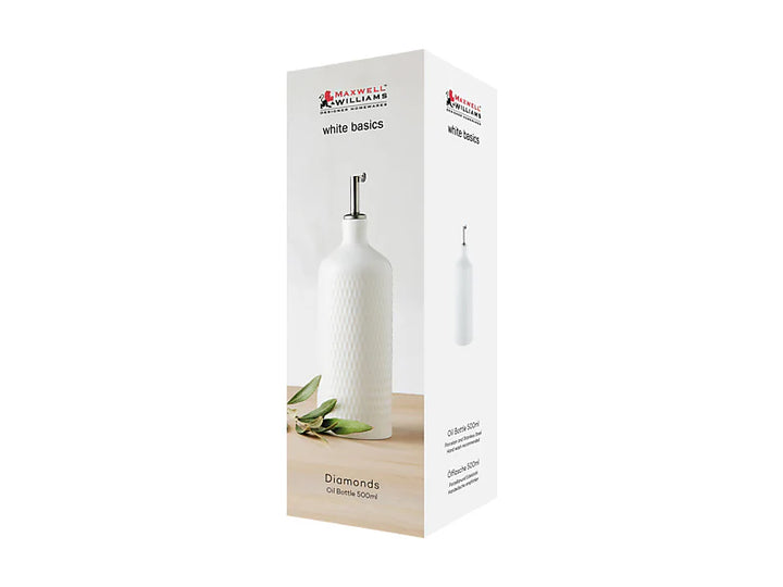WHITE BASICS DIAMOND OIL BOTTLE WITH STAINLESS STEEL POURER 500ML