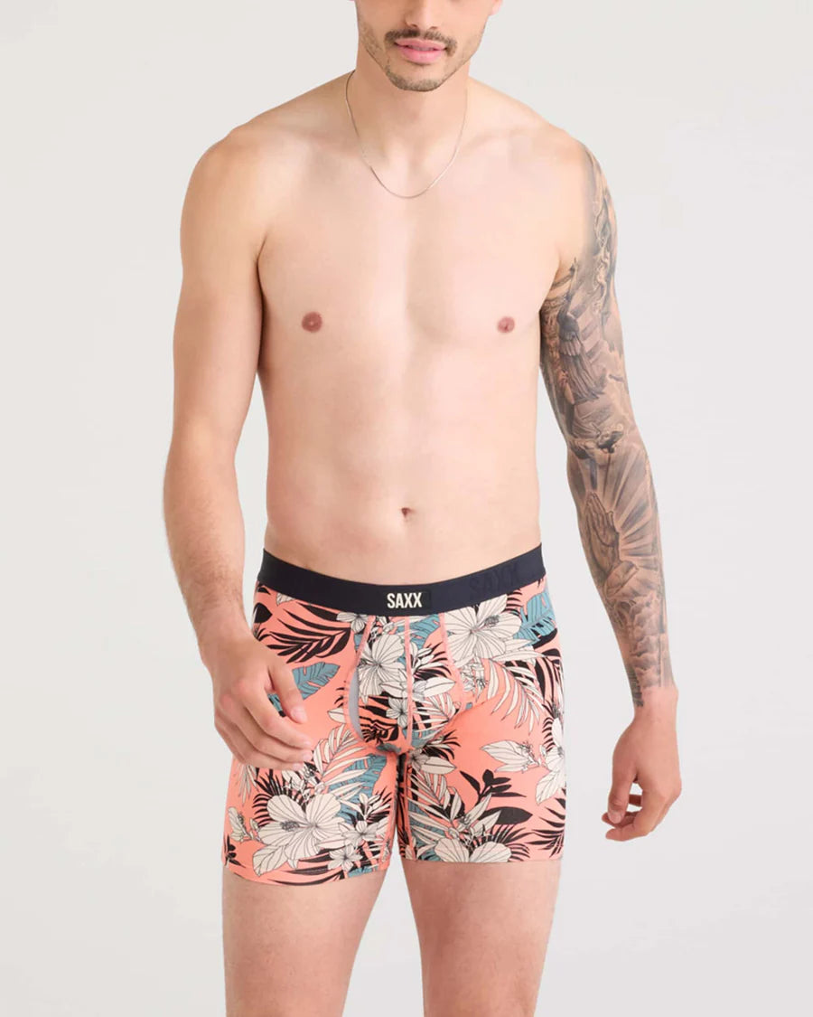 VIBE XTRA SOFT COMFORT BOXER BRIEF 6" "HIBISCUS JUNGLE-CORAL"