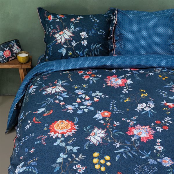 FLOWER FESTIVAL DARK BLUE DUVET COVER WITH COLOURFUL FLOWERS - DOUBLE/QUEEN + TWO PILLOW SHAMS