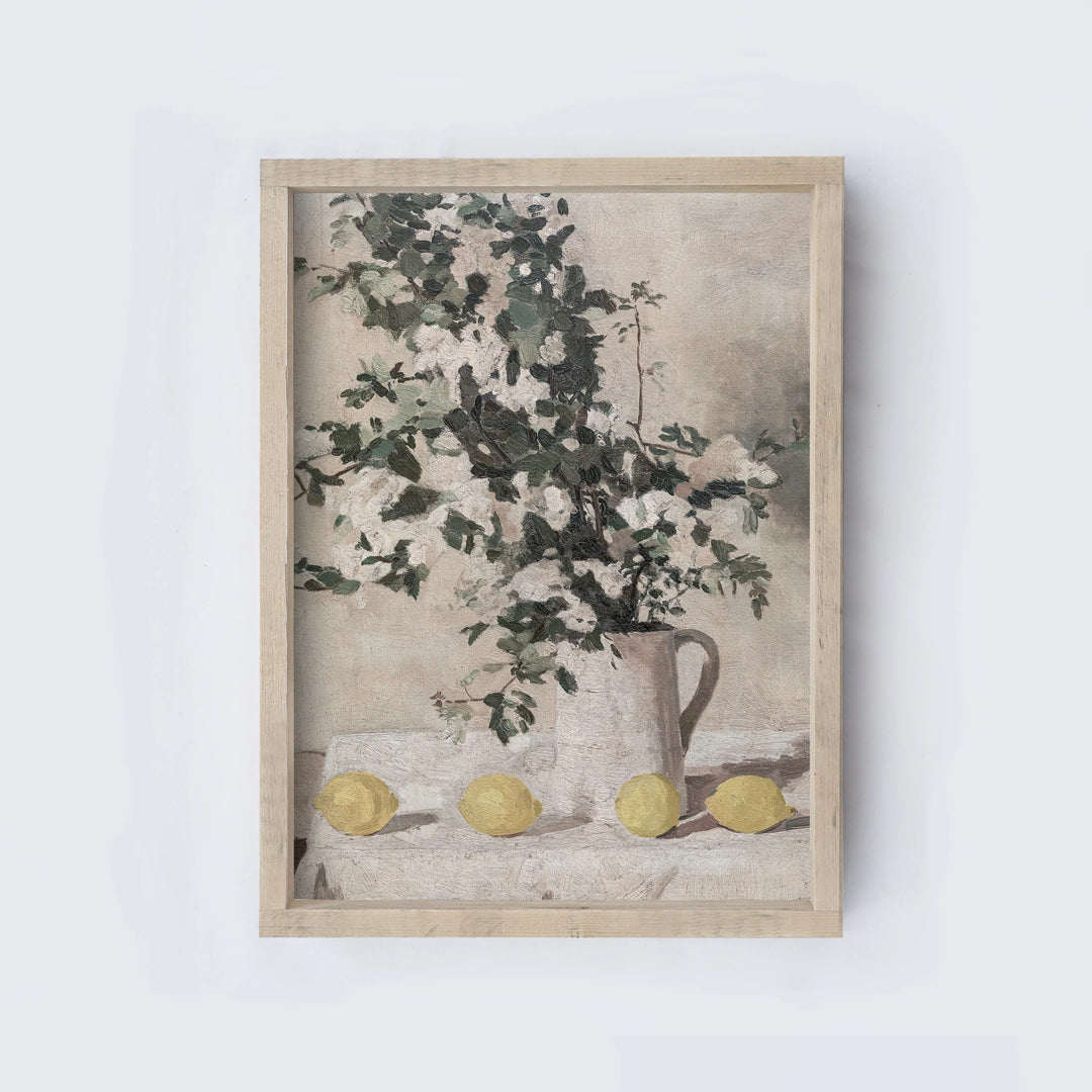 VINTAGE FLOWER STILL LIFE WITH LEMONS "ESPRESSO" / 25x19"