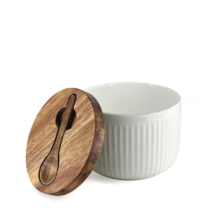 SALT KEEPER WITH ACACIA LID AND SPOON