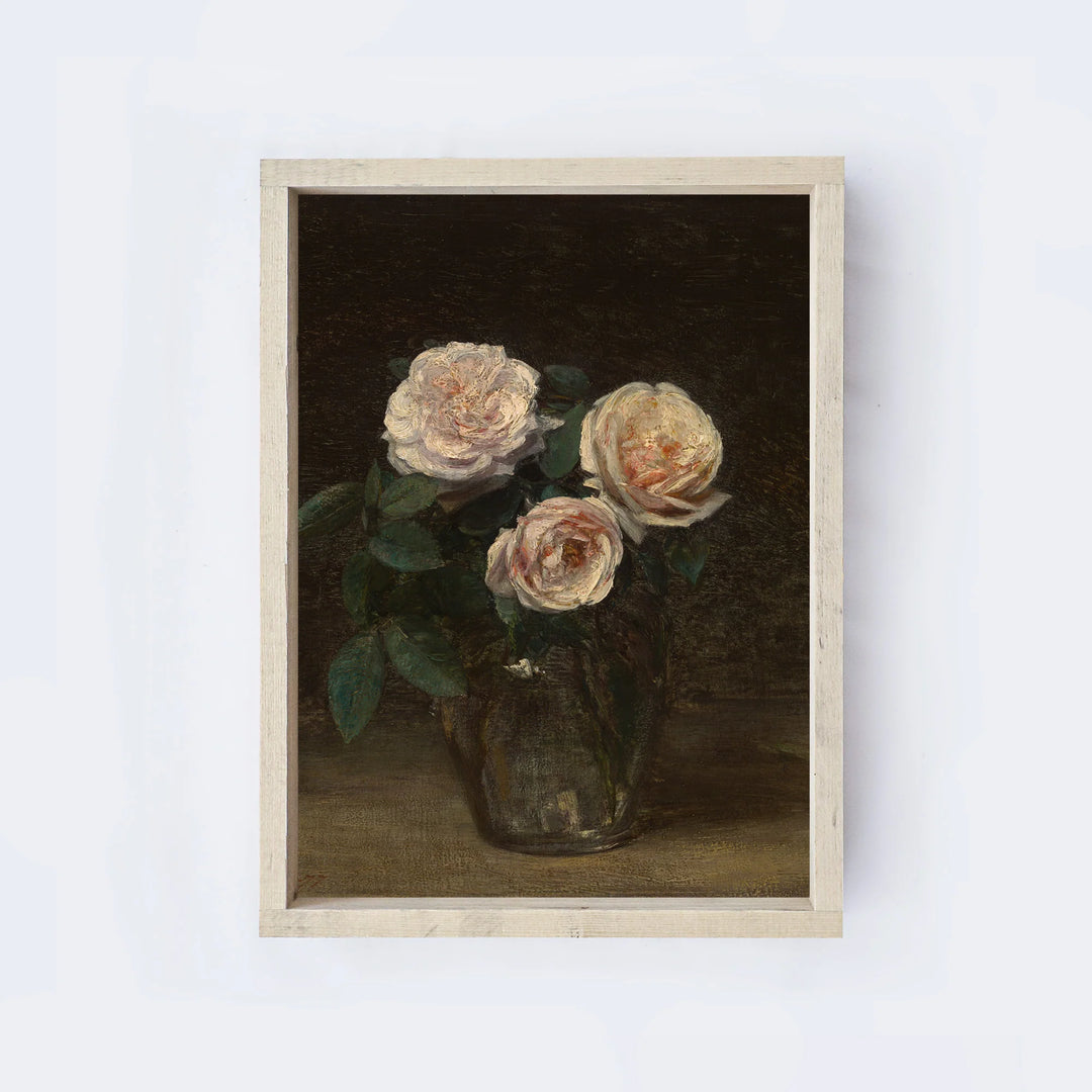 VINTAGE STILL LIFE WITH ROSES "AGED FARMHOUSE" / 8.5x7"