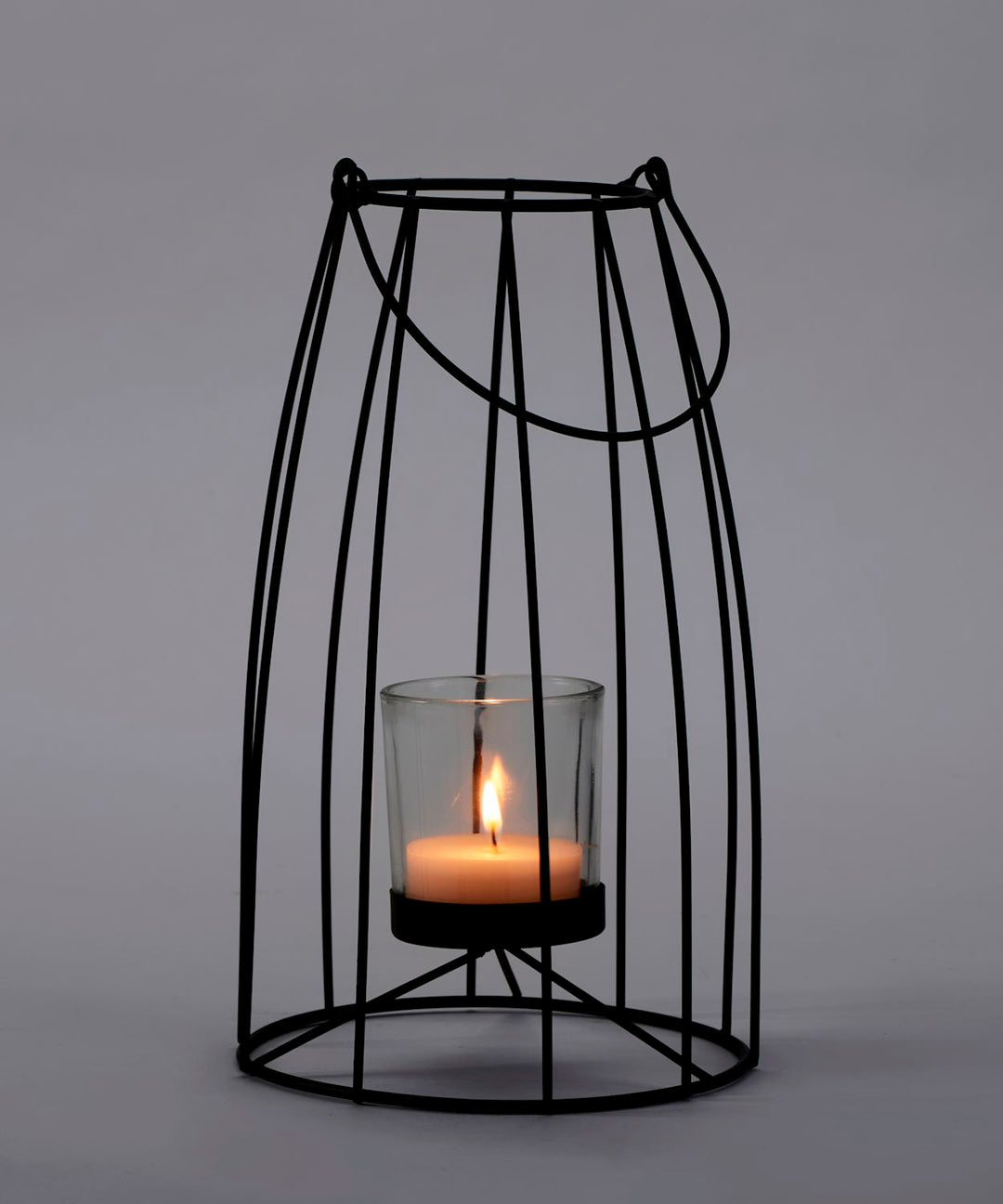 BLACK IRON AND GLASS TEALIGHT HOLDER