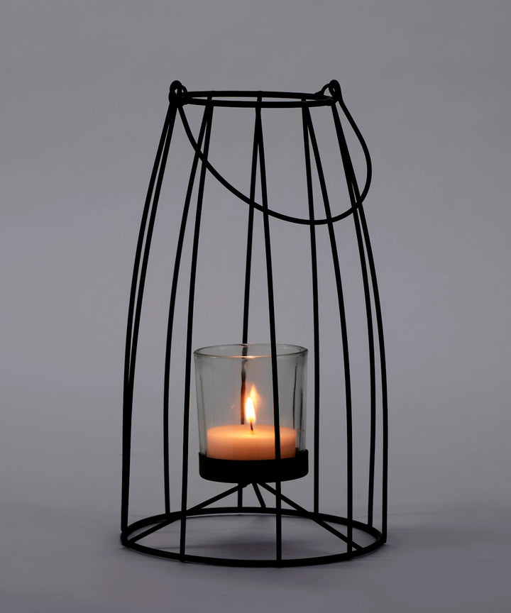 BLACK IRON AND GLASS TEALIGHT HOLDER
