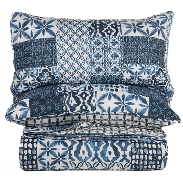 BRUNELLI GAÏA BLUE AND WHITE PRINTED QUILT SET DOUBLE/QUEEN