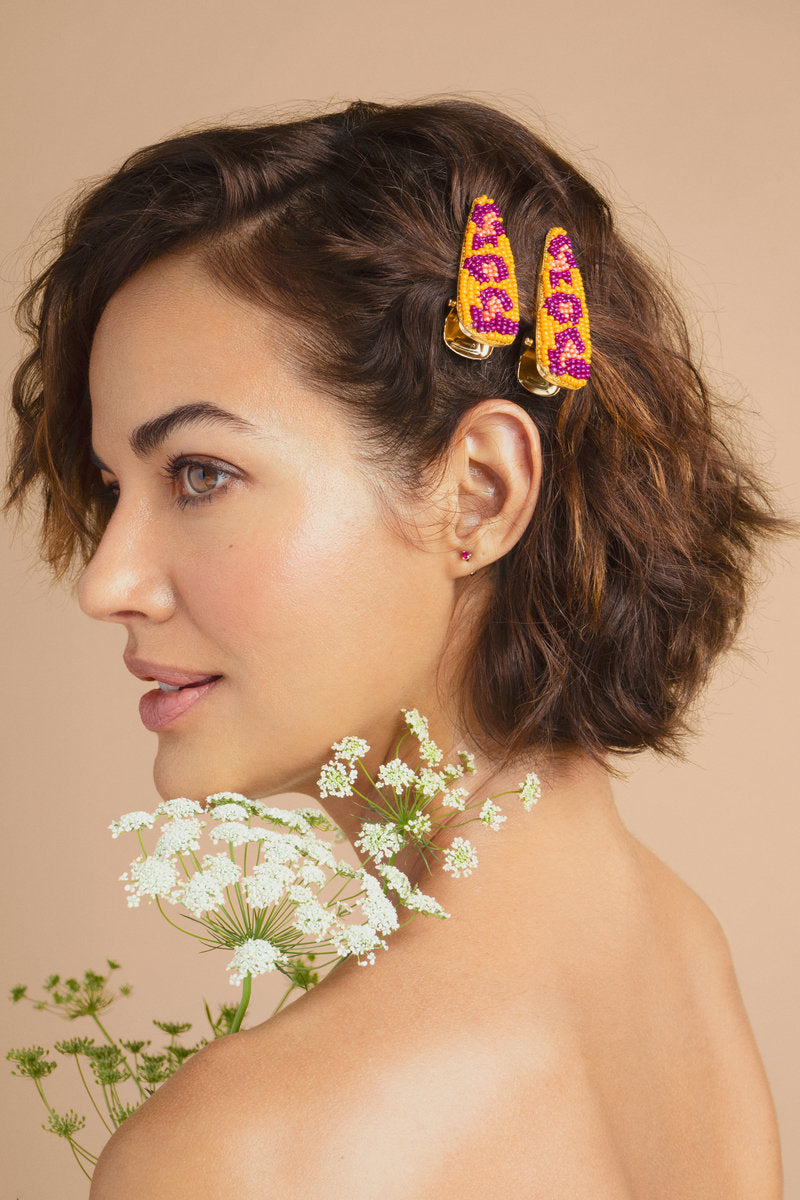 POWDER LEOPARD BRIGHT BEADED HAIRCLIPS - LEOPARD BRIGHT
