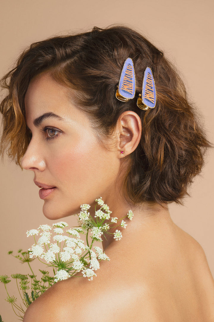 POWDER EMBROIDERED HAIR CLIPS - LILAC TIGER