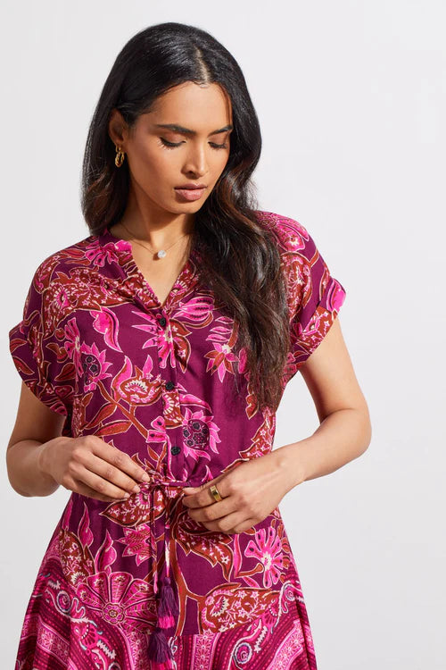 PRINTED NOTCH NECK DRESS WITH DRAWCORD WAIST