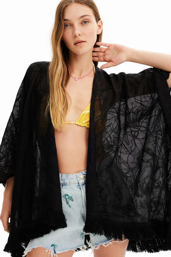 DESIGUAL SHORT FLOWER EMBROIDERED KAFTAN BLACK