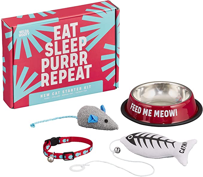 Wild & Woofy Eat Sleep Purr Repeat - Ensemble cadeau de 4 pièces pour nouveau chat