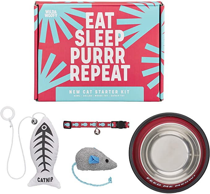 Wild & Woofy Eat Sleep Purr Repeat - Ensemble cadeau de 4 pièces pour nouveau chat