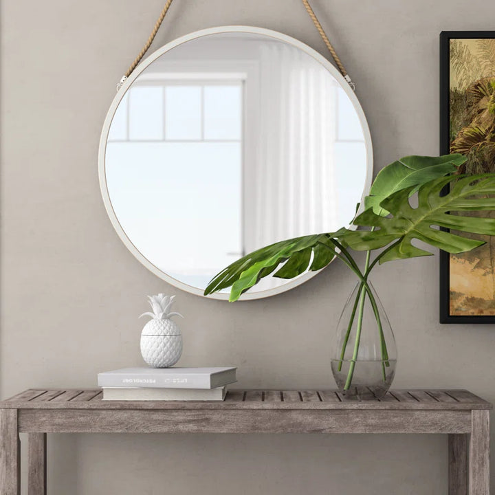 Miroir rond sur toile de jute blanc brossé Vintage - 50x50x4.5