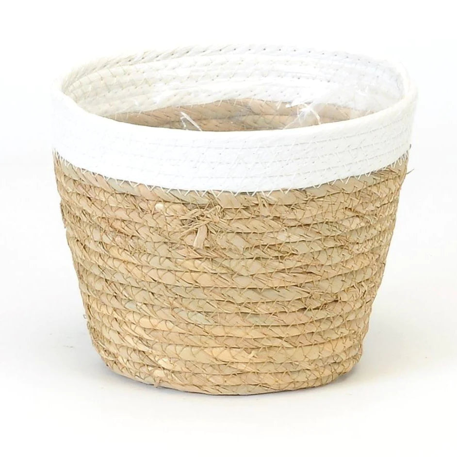 SMALL ROUND STRAW POT WHITE RIM PLASTIC LINED