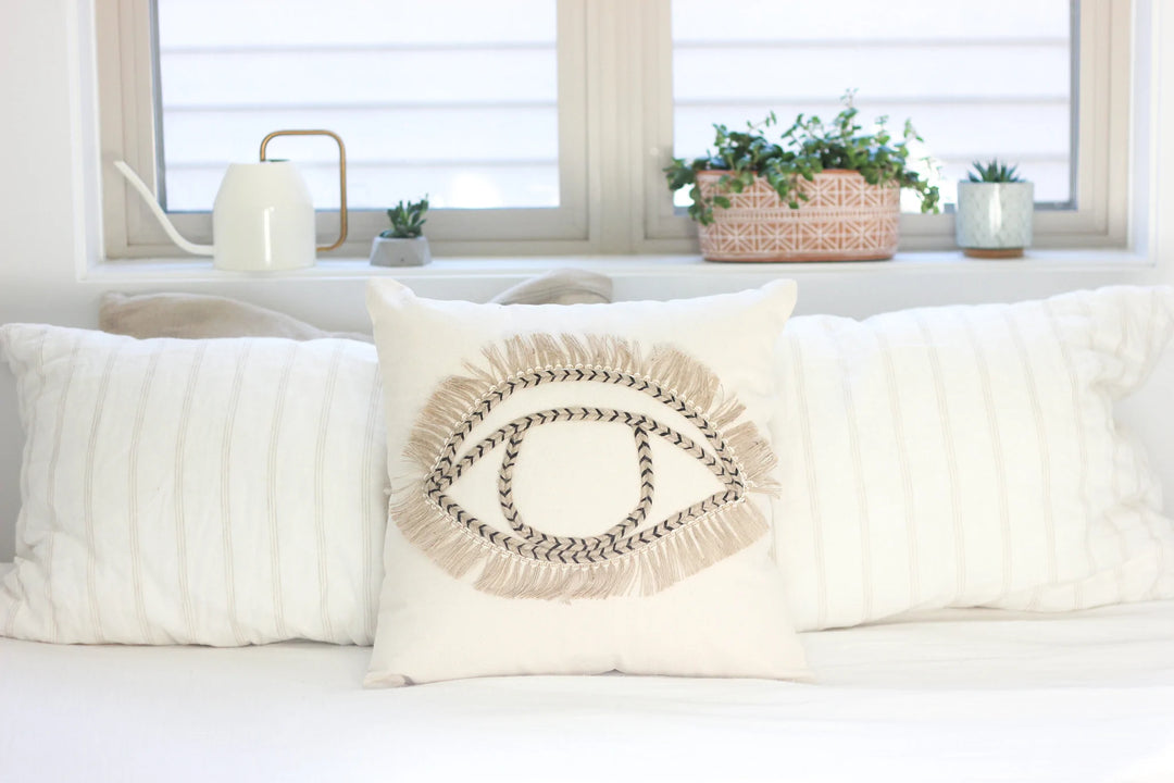 Boho Cushion Pillow with Jute Embroidered Eye Motif