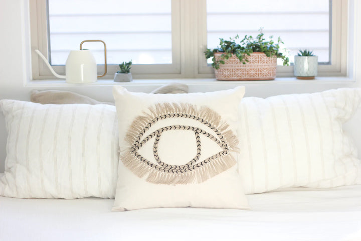 Boho Cushion Pillow with Jute Embroidered Eye Motif