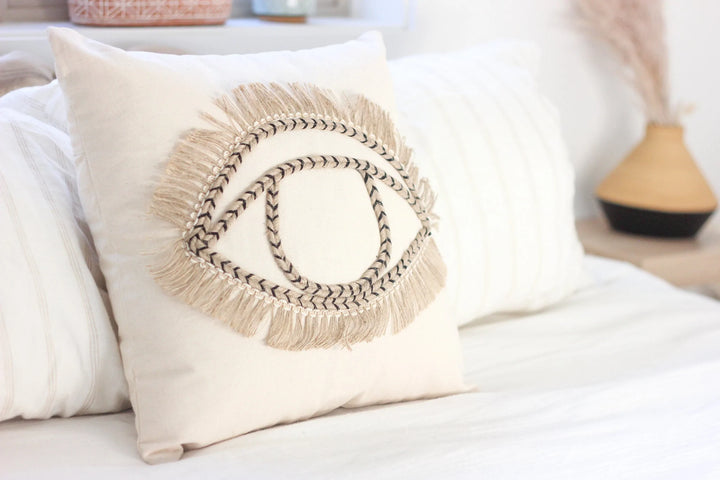 Boho Cushion Pillow with Jute Embroidered Eye Motif