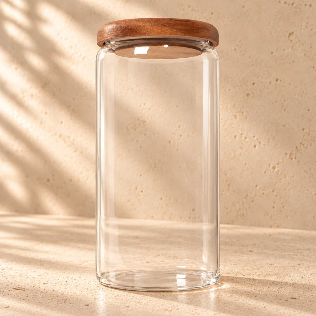 G. D’Aoust | Kitchenware / Kitchen Storage & Containers | GLASS JAR WITH ACACIA WOOD LID - LARGE 42 OZ