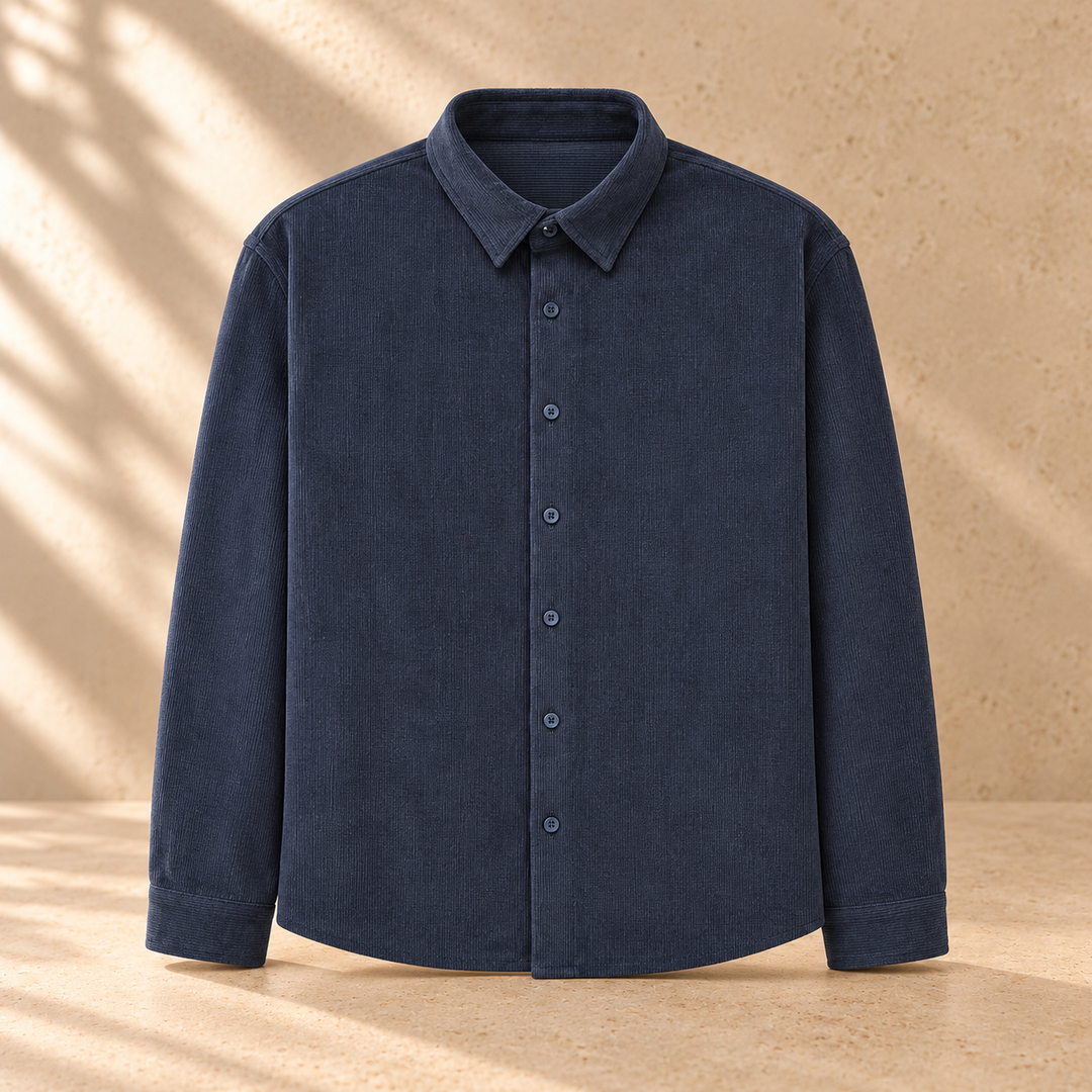 FW25 CHENILLE SHIRT "DARK BLUE" on warm limestone