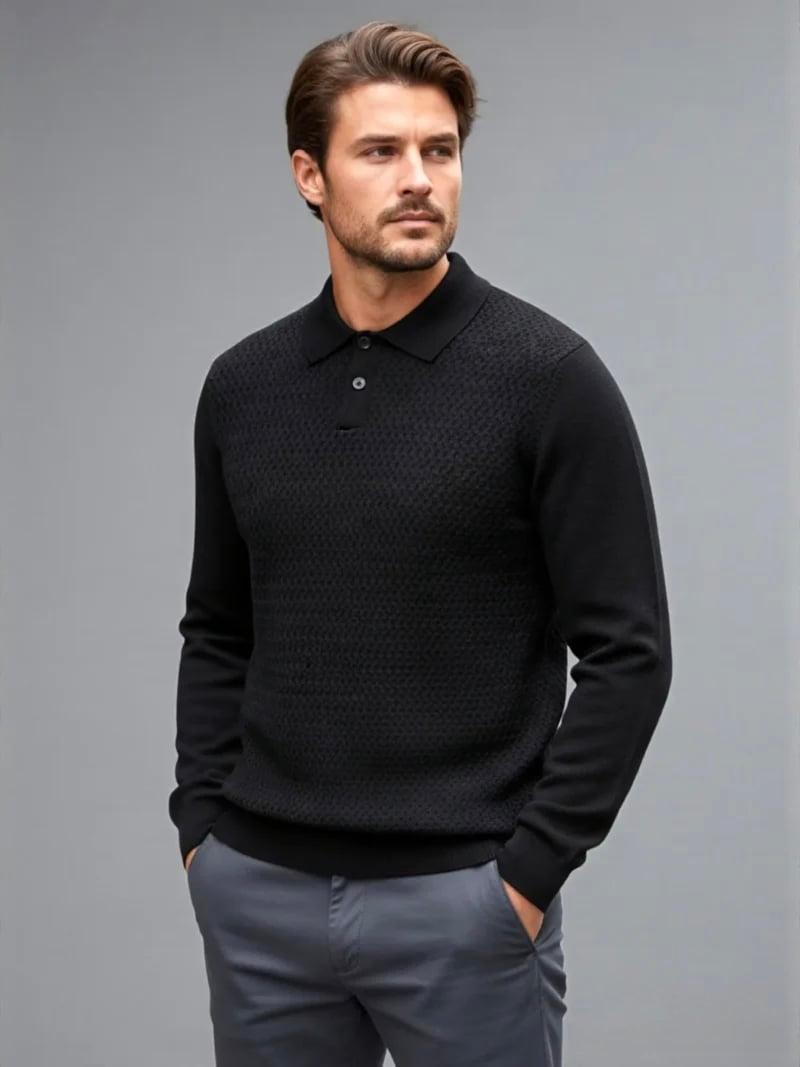 CASHMERE-LIKE KNIT FRONT COLLARED SWEATER "BLACK"