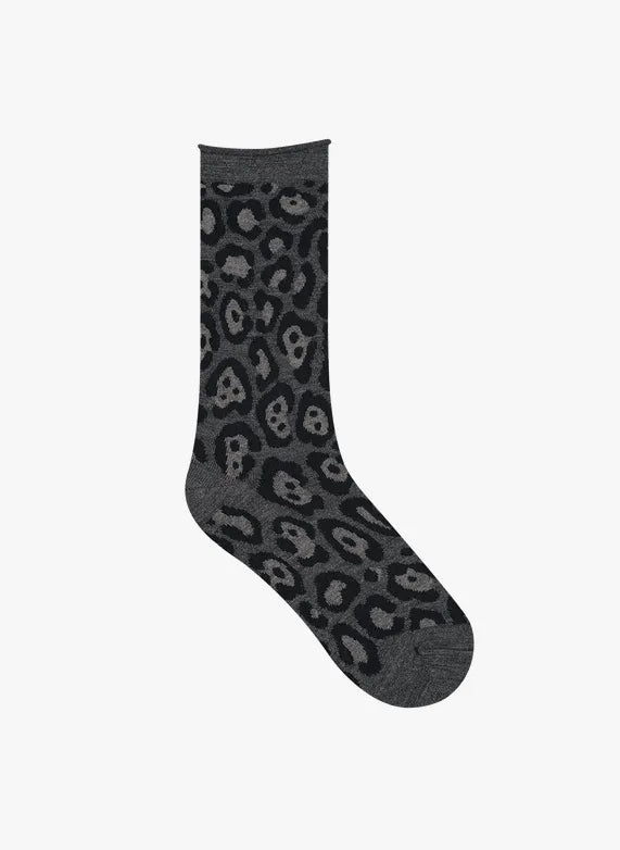 WOOL BLEND SOCKS LEOPARD PATTERN - ANTHRACITE 39/41