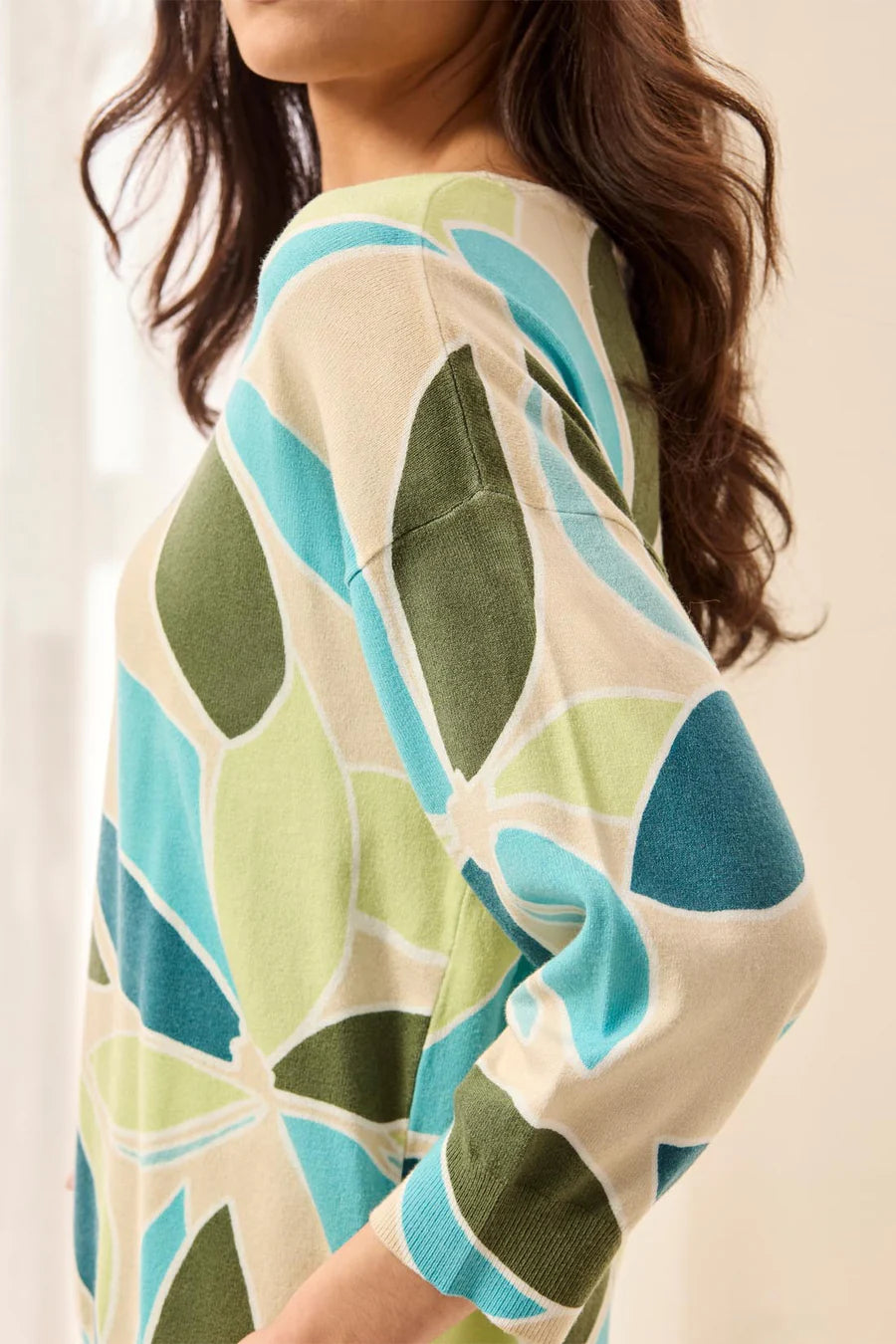 SOFT YARN THREE-QUARTER SLEEVE CREWNECK SWEATER "AQUA SKY"