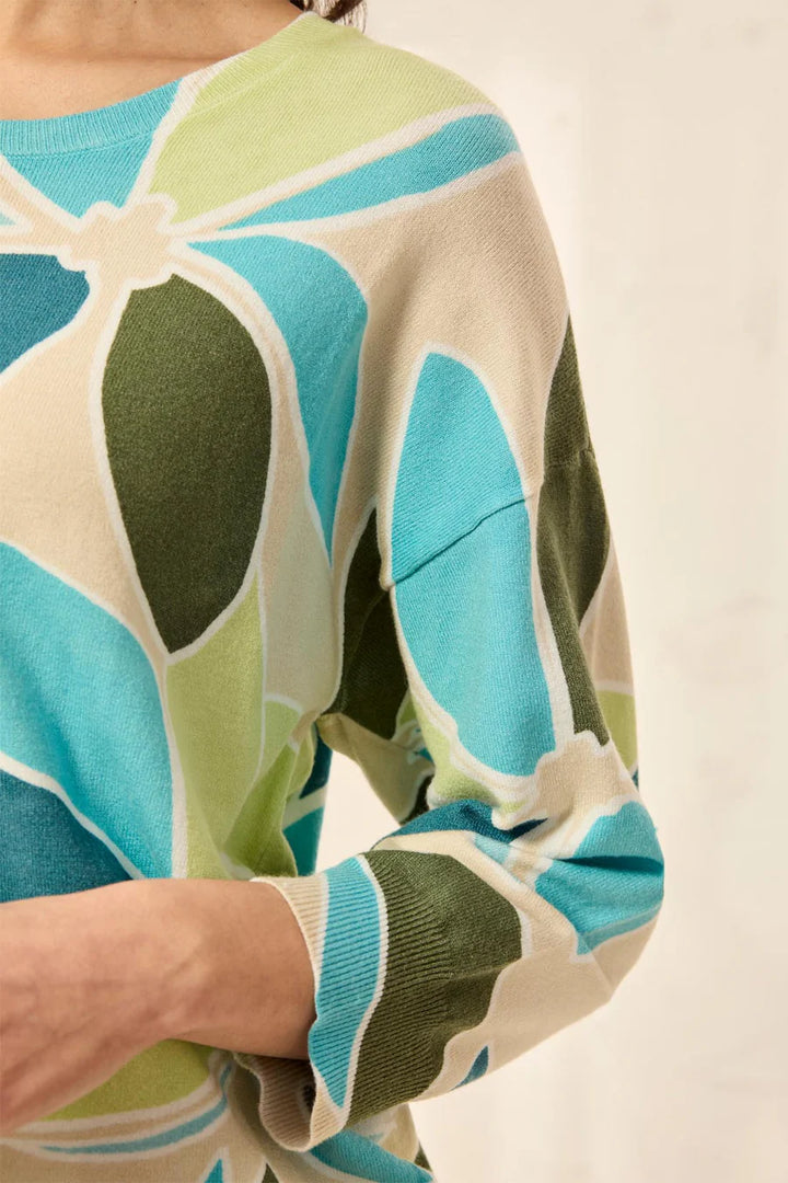 SOFT YARN THREE-QUARTER SLEEVE CREWNECK SWEATER "AQUA SKY"