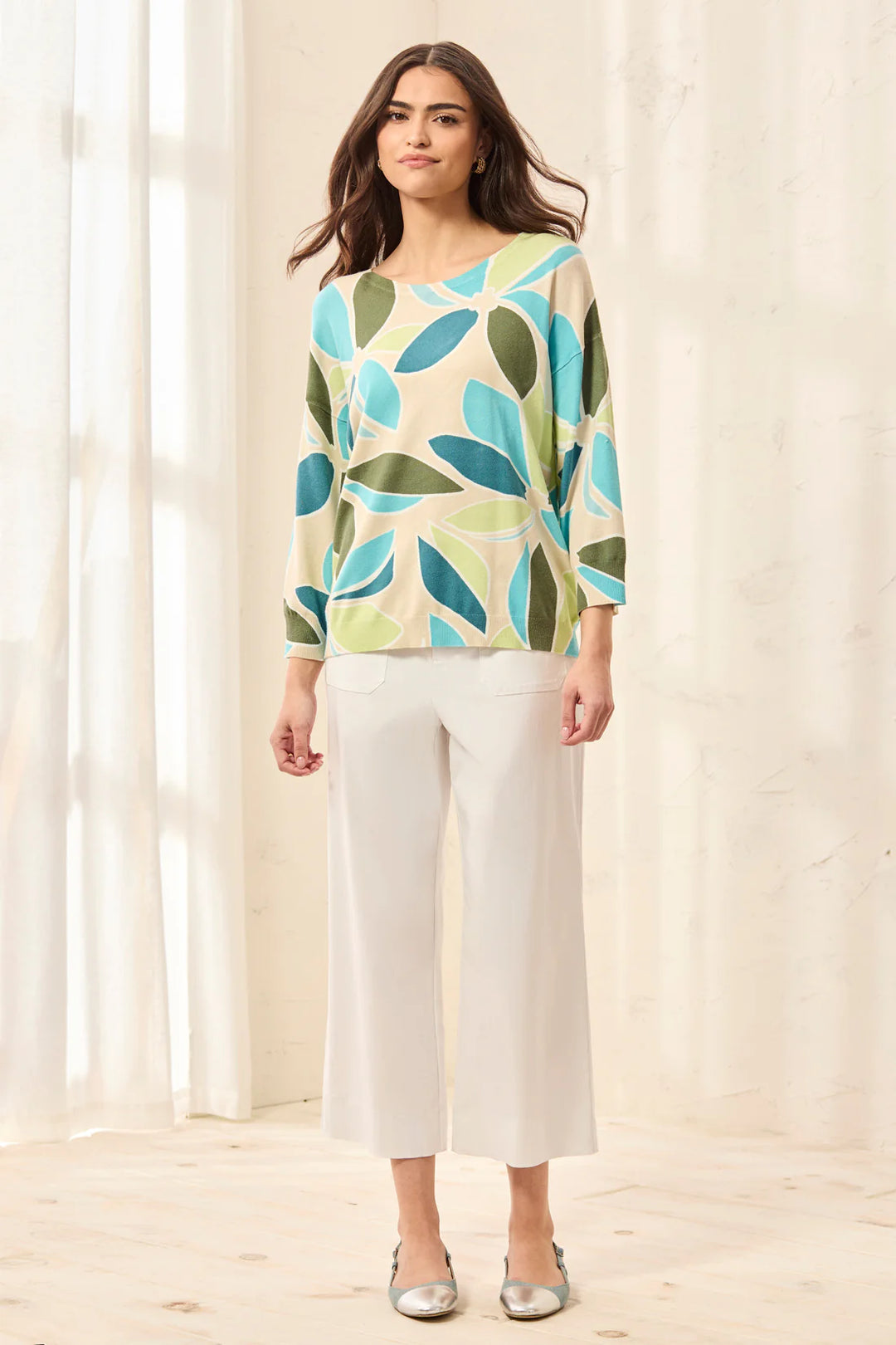 SOFT YARN THREE-QUARTER SLEEVE CREWNECK SWEATER "AQUA SKY"