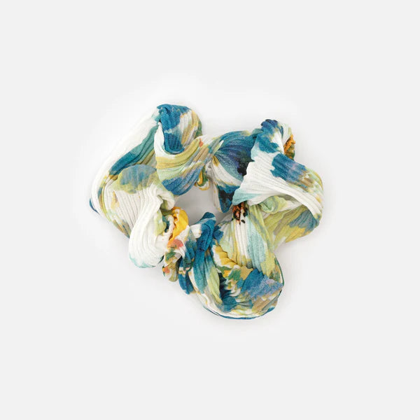 AQUA BLUE &amp; YELLOW RIBBED SCRUNCHIE WITH PATTERN