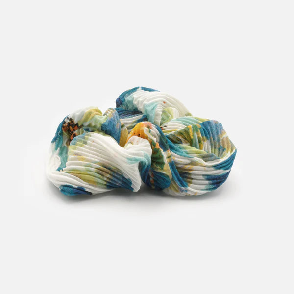 AQUA BLUE &amp; YELLOW RIBBED SCRUNCHIE WITH PATTERN