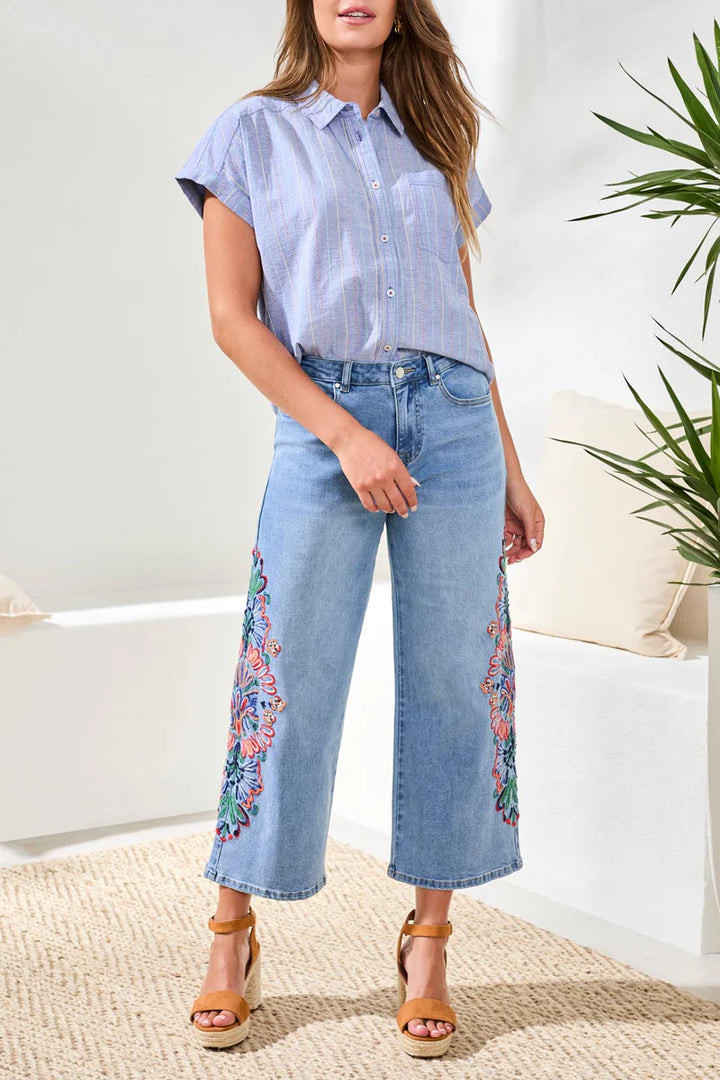 AUDREY WIDE CROP JEANS WITH FANCY EMBROIDERY "DESERT BLUE"