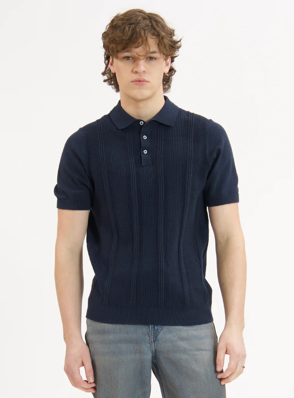 ELIO - COTTON POLO BUTTONED WITH FRONT TEXTURE "NAVY"