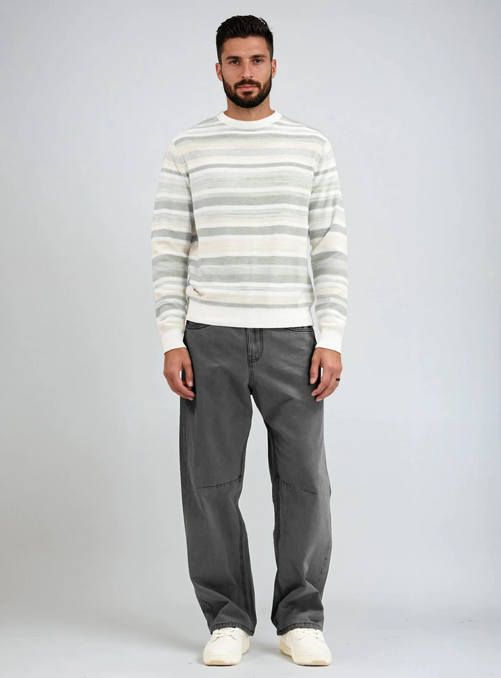 OREN - COTTON CREWNECK STRIPE LONG-SLEEVE SWEATER "BASIL MIX"