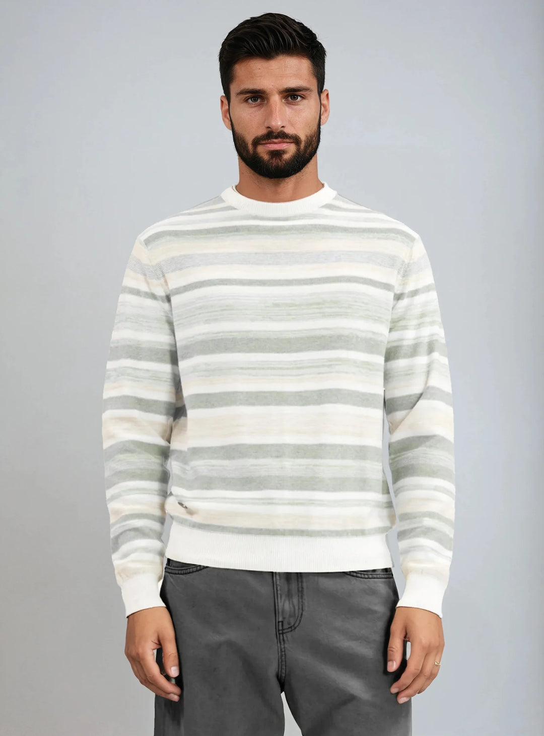 OREN - COTTON CREWNECK STRIPE LONG-SLEEVE SWEATER "BASIL MIX"