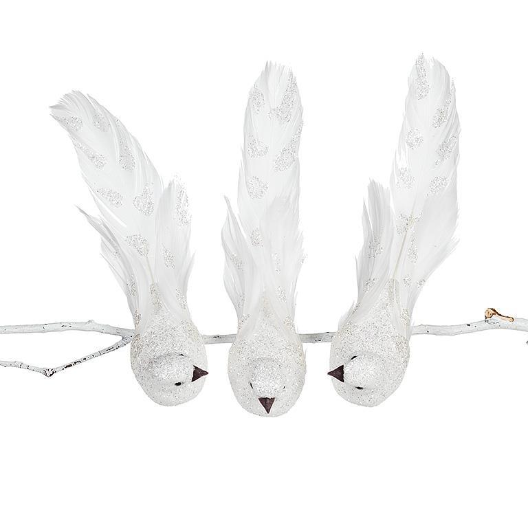 WHITE GLITTER BIRD CLIPS - 3 ASSORTED 8''L