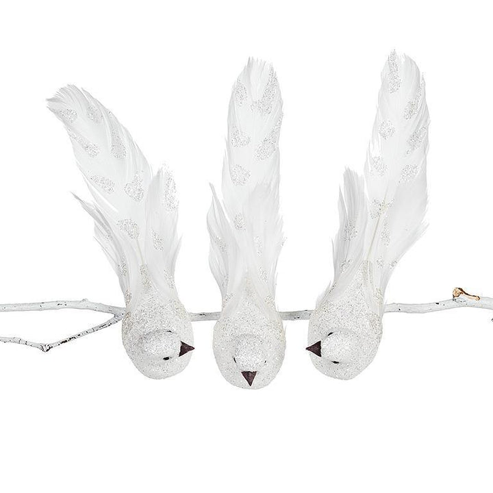 WHITE GLITTER BIRD CLIPS - 3 ASSORTED 8''L