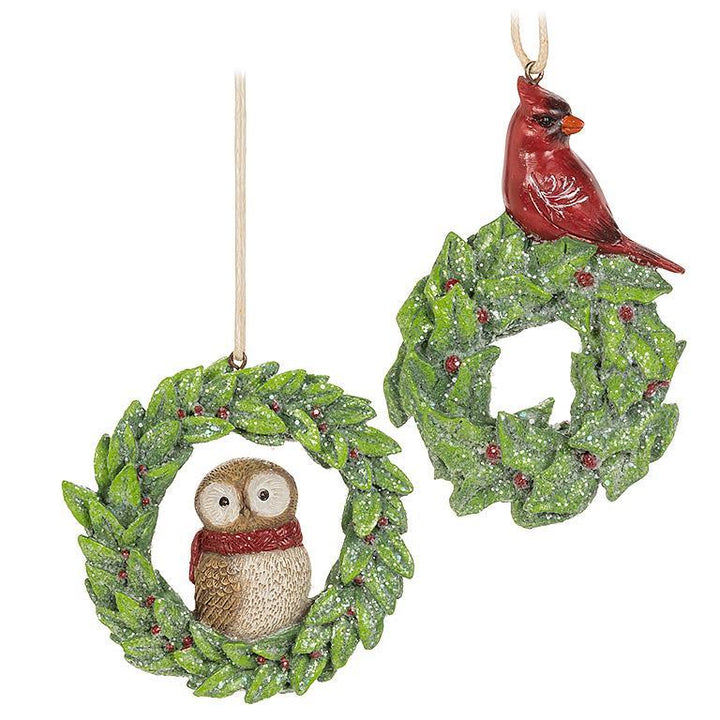 BIRDS IN WREATH ORNAMENT - 2 ASSORTED 3.5''H