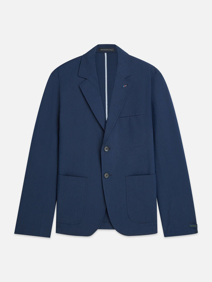 UNCONSTRUCTED COTTON-BLEND SEERSUCKER BLAZER "PAGEANT BLUE PINSTRIPE"