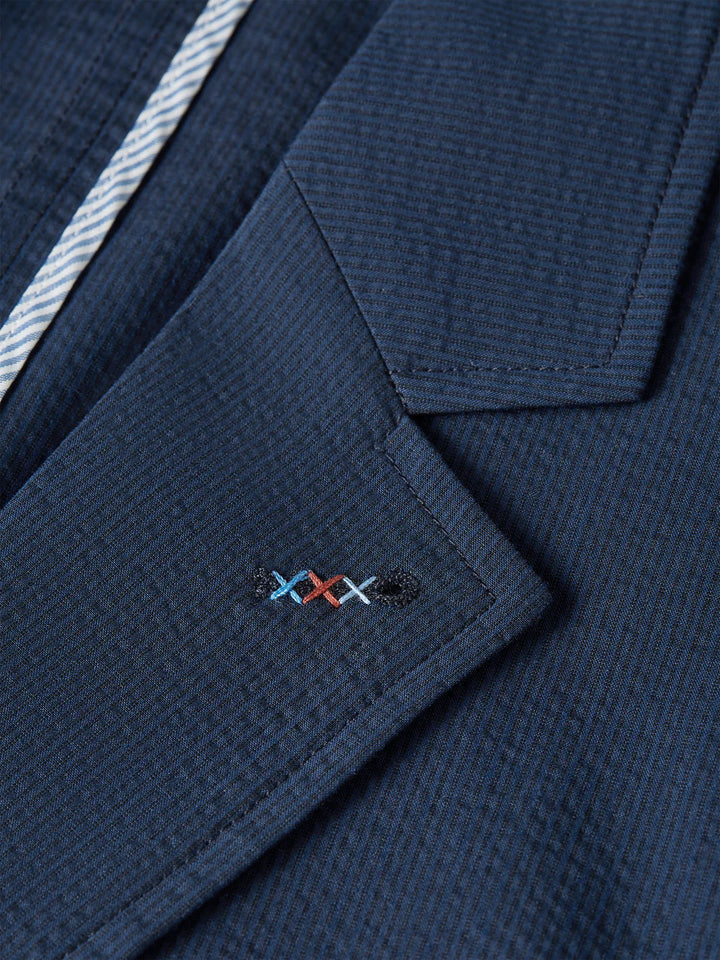 UNCONSTRUCTED COTTON-BLEND SEERSUCKER BLAZER "PAGEANT BLUE PINSTRIPE"