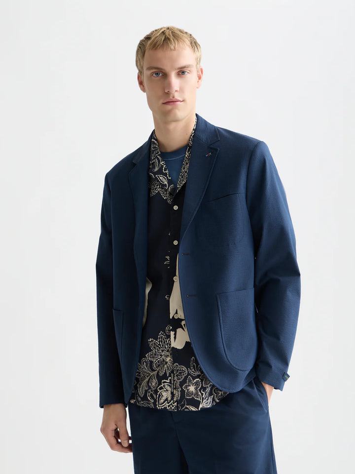 UNCONSTRUCTED COTTON-BLEND SEERSUCKER BLAZER "PAGEANT BLUE PINSTRIPE"