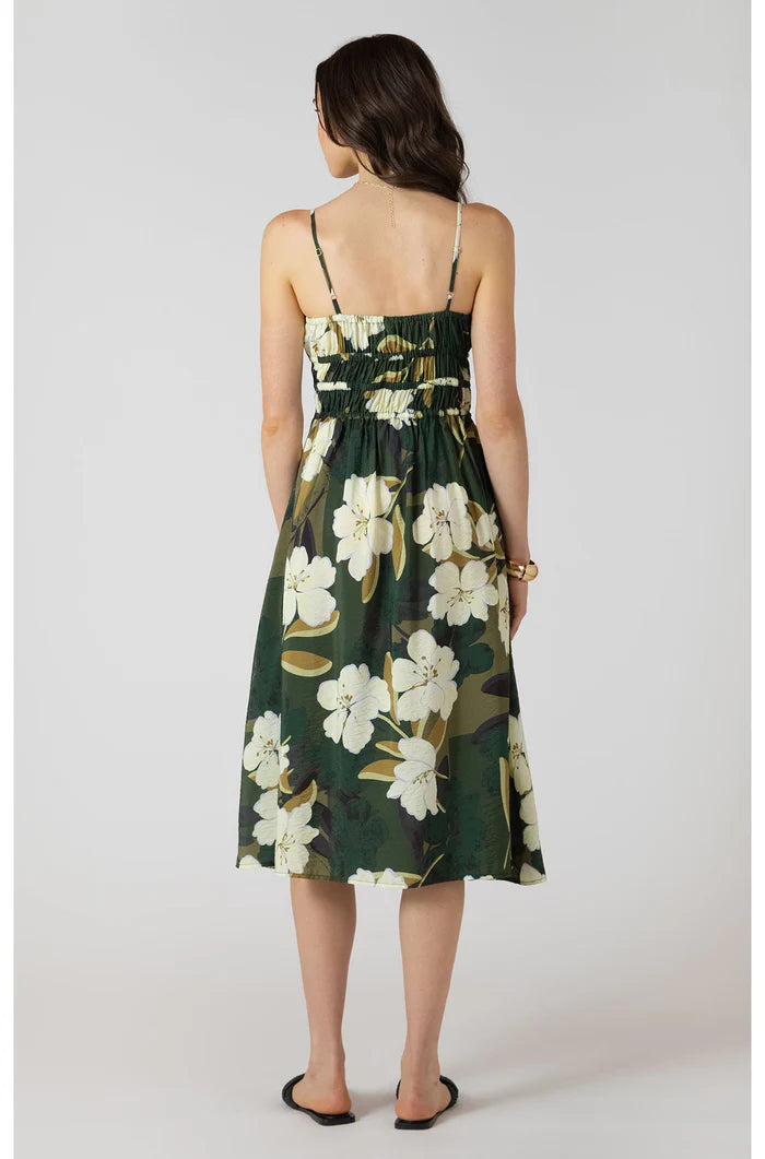 ELASTIC WAIST MIDI DRESS "PALM BLOSSOM"