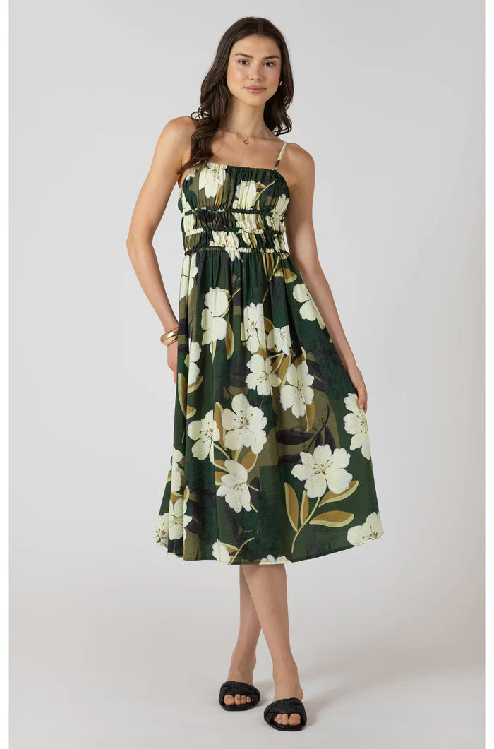 ELASTIC WAIST MIDI DRESS "PALM BLOSSOM"