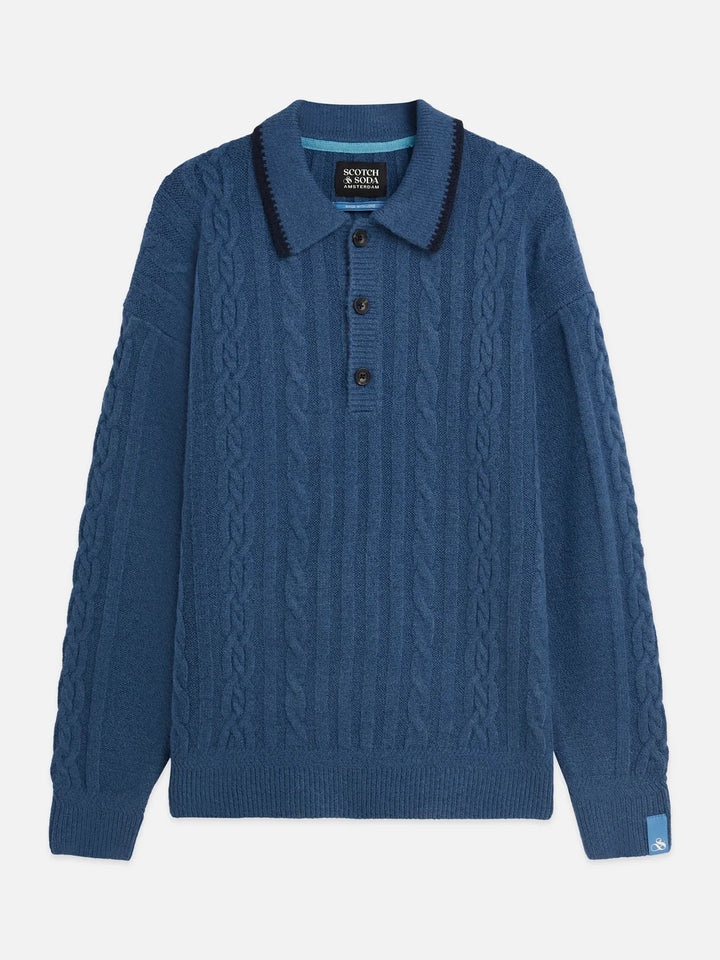 SOFT KNIT POLO CABLE SWEATER "ENSIGN BLUE"