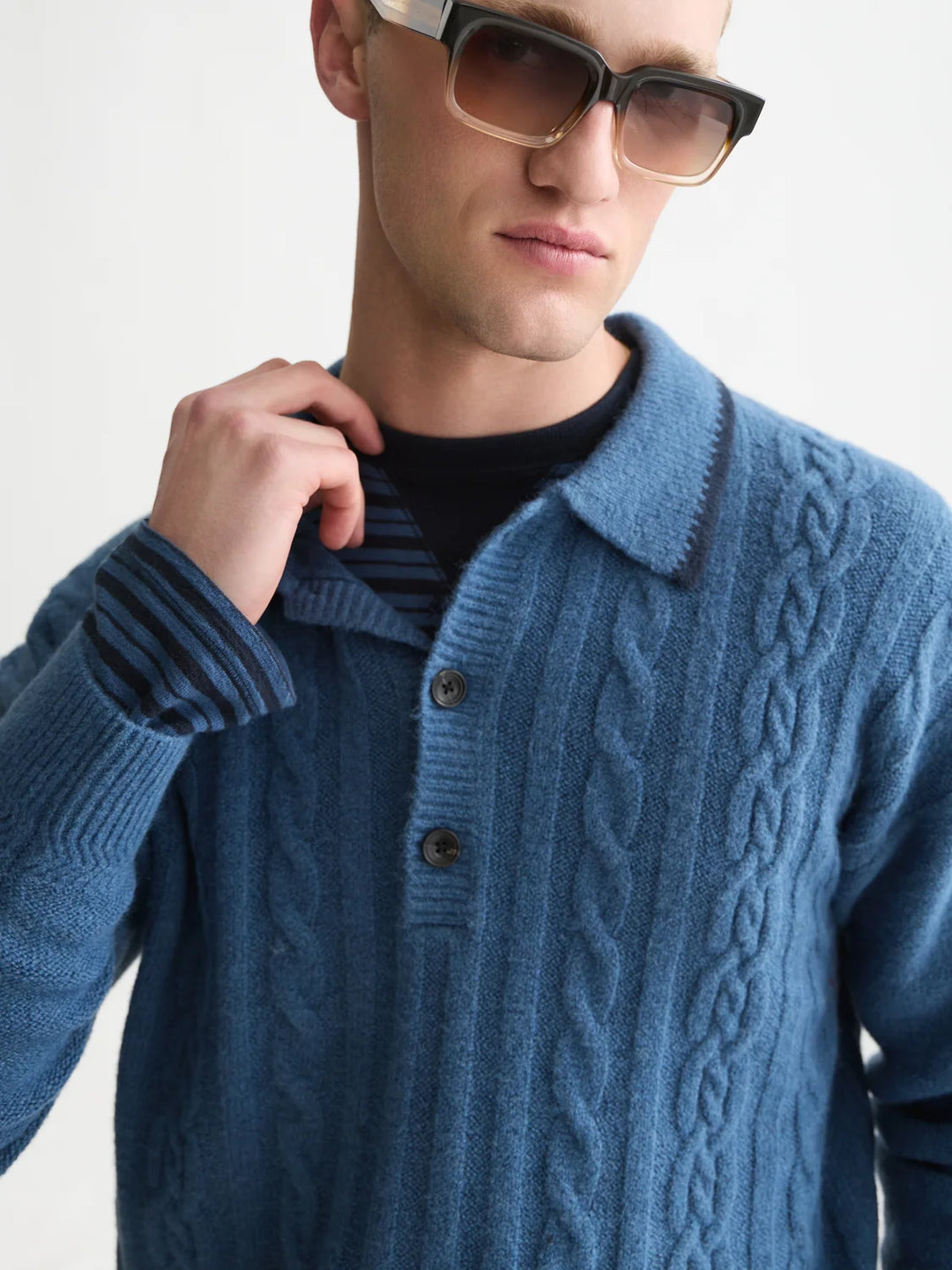 SOFT KNIT POLO CABLE SWEATER "ENSIGN BLUE"