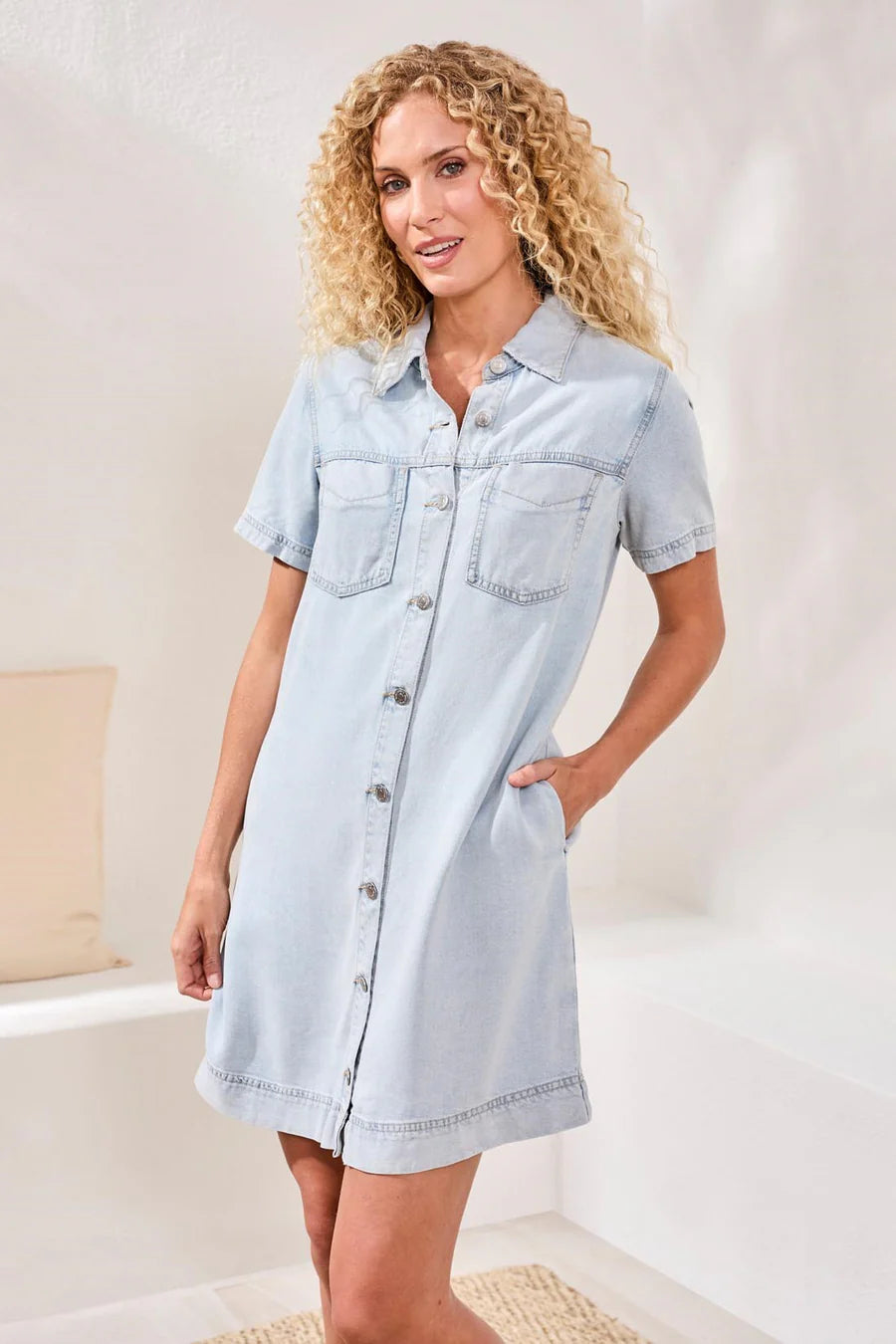 BLUE THREAD BUTTON FRONT TENCEL DENIM SHIFT DRESS "BONDIBEACH"