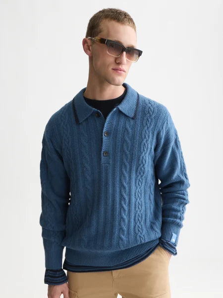 SOFT KNIT POLO CABLE SWEATER "ENSIGN BLUE"