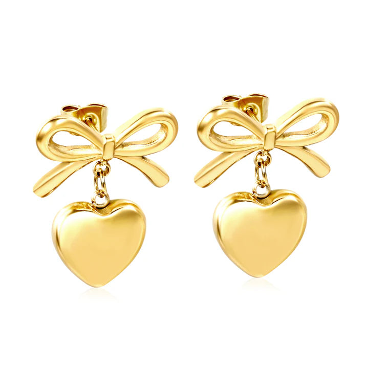 BOW &amp; HEART CHARM STUDS - GOLD