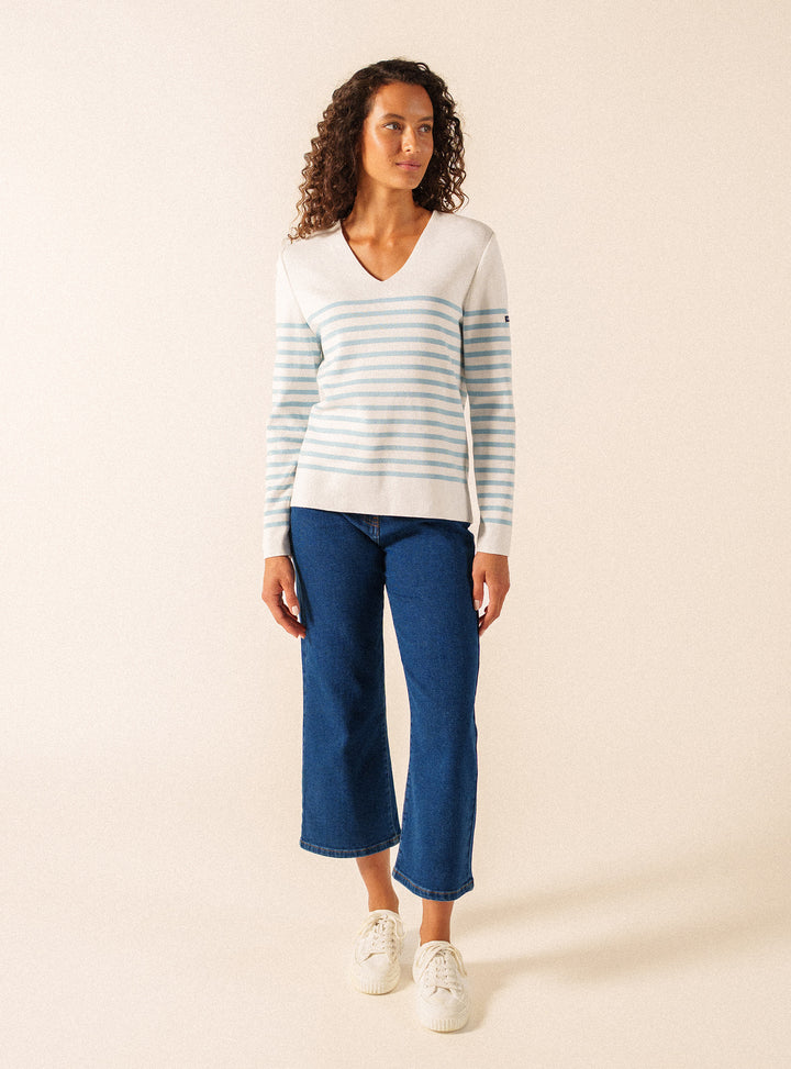 BREHAT STRIPED COTTON V-NECK SWEATER "BLANC/NUANCE"
