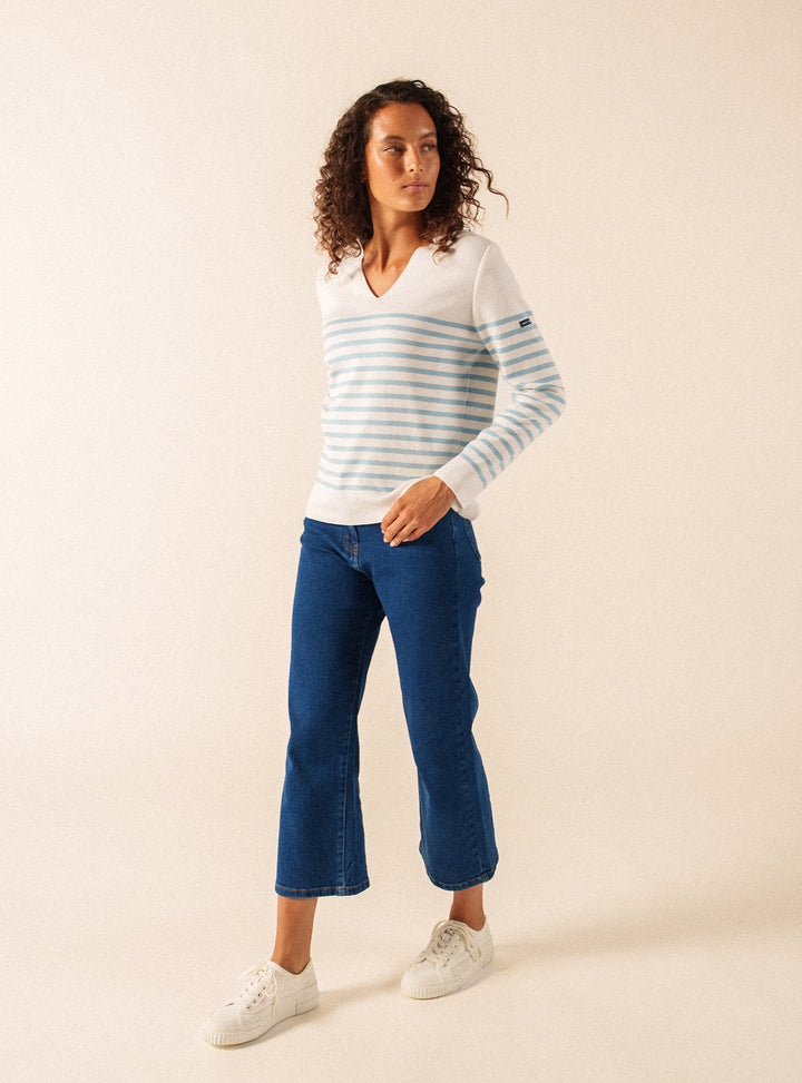 BREHAT STRIPED COTTON V-NECK SWEATER "BLANC/NUANCE"